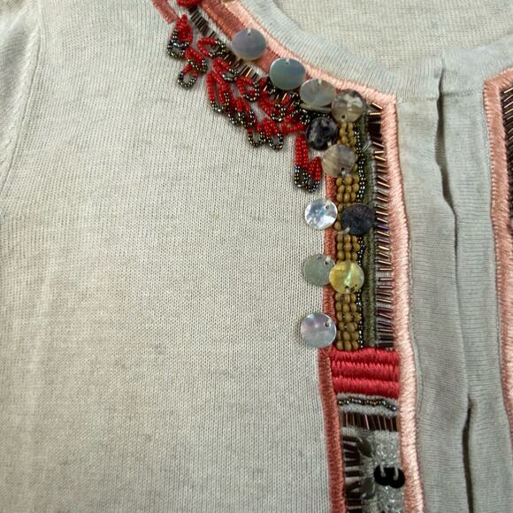 Chico's Linen Blend Beaded Embellished Lightweight Cardigan Women L/12 Beige - Picture 7 of 8